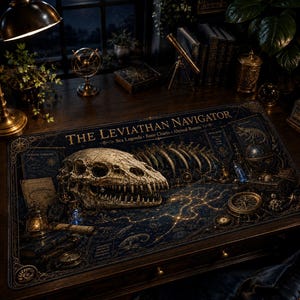 Könnte beinhalten: Eine rechteckige Schreibtischunterlage mit einer dunkelblauen Karte, die den Titel THE LEVIATHAN NAVIGATOR in goldener Schrift trägt, sowie Meereslegenden und Knochenkarten. Ein großer, detaillierter beigefarbener Schädel liegt links.
