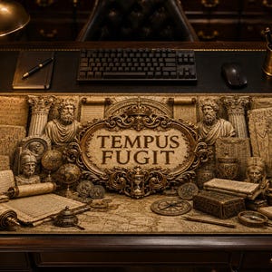 May include: A rectangular desk mat featuring a beige and brown historical theme with the text "TEMPUS FUGIT" centred in an ornate frame. The design includes illustrations of ancient stone tablets, scrolls, busts, globes, and navigational tools.