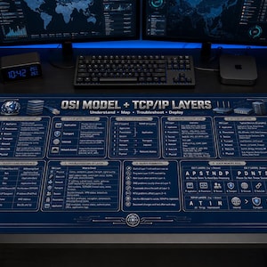 May include: A rectangular dark blue desk mat featuring a detailed white technical diagram titled OSI MODEL + TCP/IP LAYERS. The mat includes nine sections covering layer overviews, protocol mapping, troubleshooting steps, and memory aids for networking.