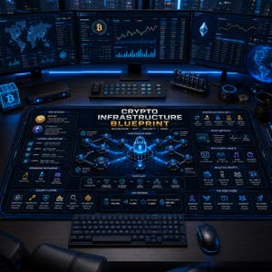 May include: A large rectangular desk mat featuring a detailed dark blue and black graphic titled Crypto Infrastructure Blueprint. The design displays a central glowing padlock icon connected to blockchain nodes, surrounded by technical text and icons.