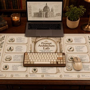 Puede incluir: Un tapete de escritorio rectangular con superficie color crema, borde arquitectónico detallado y el texto Prompt Architecture Lab. Incluye ocho secciones numeradas para entradas de diseño, un teclado mecánico y un ratón de computadora.