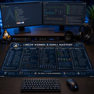 以下が含まれることがあります： Linux Kernel & Shell Masteryというタイトルのダークブルーと黒の技術的なデザインが施された大きな長方形のデスクマット。マットには、ファイルシステム階層、権限、コマンド、シェルナビゲーションのショートカットを詳述する5つの番号付きセクションが表示されています。