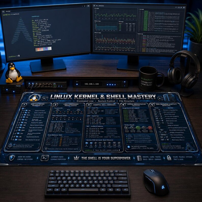 以下が含まれることがあります： Linux Kernel & Shell Masteryというタイトルのダークブルーと黒の技術的なデザインが施された大きな長方形のデスクマット。マットには、ファイルシステム階層、権限、コマンド、シェルナビゲーションのショートカットを詳述する5つの番号付きセクションが表示されています。
