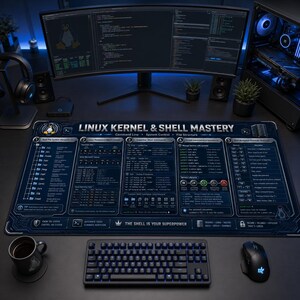 以下が含まれることがあります： Linux Kernel & Shell Masteryというタイトルのダークブルーとホワイトの技術的なプリントが施された大きな長方形のデスクマット。ファイルシステム階層、シェルコマンド、システム管理のショートカットに関する詳細なチャートが表示されています。