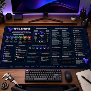 Può includere: Un tappetino da scrivania rettangolare nero con un dettagliato foglio di riferimento per il flusso di lavoro Terraform, completo di testo, diagrammi e icone in bianco e a colori. Il tappetino mostra sezioni su sfondo scuro.