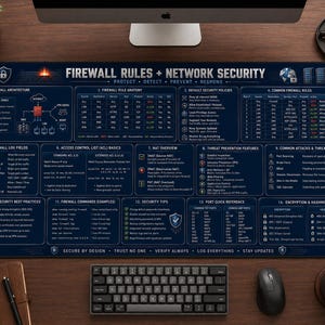 May include: A dark blue desk mat featuring a detailed technical guide titled Firewall Rules + Network Security. The mat displays fourteen sections covering firewall architecture, rule anatomy, security policies, common rules, log fields, and encryption.
