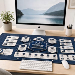Op de afbeelding: Een rechthoekige bureaumat met een donkerblauwe achtergrond en een wit en lichtblauw Cloud AI Architecture Blueprint diagram. De afbeelding bevat diverse technische iconen, stroomdiagrammen en tekstlabels die de cloud-infrastructuur beschrijven.