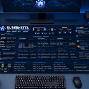 Puede incluir: Una alfombrilla de escritorio rectangular con una guía de referencia de comandos de Kubernetes en azul oscuro. La alfombrilla muestra diagramas técnicos, instrucciones de línea de comandos y el logotipo de Kubernetes en blanco y azul.