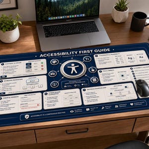 Może przedstawiać: Prostokątna, ciemnoniebieska podkładka na biurko z przewodnikiem Accessibility First Guide, zawierająca kompleksową tabelę referencyjną z białym tekstem, ikonami i diagramami szczegółowo opisującymi podstawy inkluzywnego projektowania UX i UI, w tym kontrast, nawigację i semantykę.