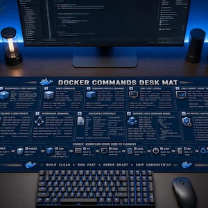 Può includere: Un tappetino da scrivania rettangolare blu scuro con una guida stampata in bianco intitolata DOCKER COMMANDS DESK MAT. Il tappetino mostra dieci sezioni numerate di comandi tecnici, icone e un diagramma di flusso con il testo BUILD CLEAN RUN FAST DEBUG SMART SHIP CONSISTENTLY.