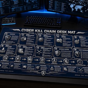 以下が含まれることがあります： Cyber Kill Chainフレームワークが描かれた長方形のダークブルーのデスクマット。10の番号付きステージ、アイコン、および偵察、兵器化、配信、悪用などのサイバーセキュリティプロセスを詳述するテキストが含まれています。