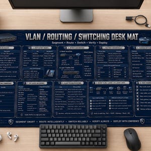 May include: A dark blue rectangular desk mat featuring white technical text and diagrams titled VLAN / ROUTING / SWITCHING DESK MAT. The mat displays networking information including switchport modes, inter-VLAN routing, and common commands.