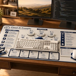 May include: A large rectangular desk mat featuring a white surface with dark blue text and graphics titled Cloud AI Prompts. The mat includes sections for example prompts, prompt modifiers, a cheat sheet, and quick tips, with a keyboard and mouse.