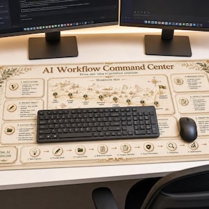 Op de afbeelding: Een rechthoekige bureaumat met een crèmekleurige achtergrond en de tekst AI Workflow Command Center. De mat toont een gedetailleerde workflowkaart, genummerde stappen van 1 tot 8 en diverse iconen. Een zwart computertoetsenbord en een zwarte computermuis liggen op de mat.