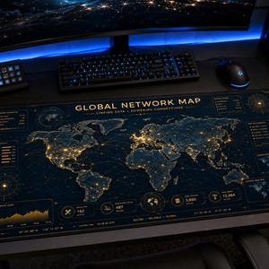 Alfombrilla de escritorio con mapa de red global / Conectando datos que impulsan las conexiones mundiales / Bloc de escritorio para ingenieros de redes / Regalo para infraestructura tecnológica