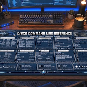 May include: A rectangular desk mat featuring a dark blue background with white text and diagrams titled Cisco Command Line Reference. The mat displays ten sections of technical networking commands, including device access, interface configuration, and routing essentials.