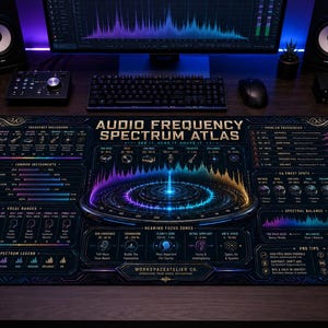 May include: A rectangular desk mat featuring the Audio Frequency Spectrum Atlas, a dark graphic design with neon-coloured sound wave visualisations, frequency charts, and technical audio terminology printed in white and gold text on a black background.