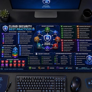 Könnte beinhalten: Eine große rechteckige Schreibtischunterlage mit einer detaillierten Infografik zu Cloud-Sicherheits-Best-Practices. Das dunkelblaue Design zeigt ein zentrales Schild-Symbol und verschiedene Abschnitte zu Identitätsmanagement und Datensicherheit.