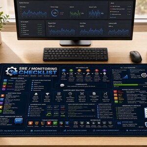 Può includere: Un tappetino da scrivania rettangolare blu scuro con una dettagliata lista di controllo SRE/Monitoring, icone bianche e colorate, testo e diagrammi di flusso. Il tappetino mostra sezioni su segnali dorati, stack di monitoraggio e principi SRE.
