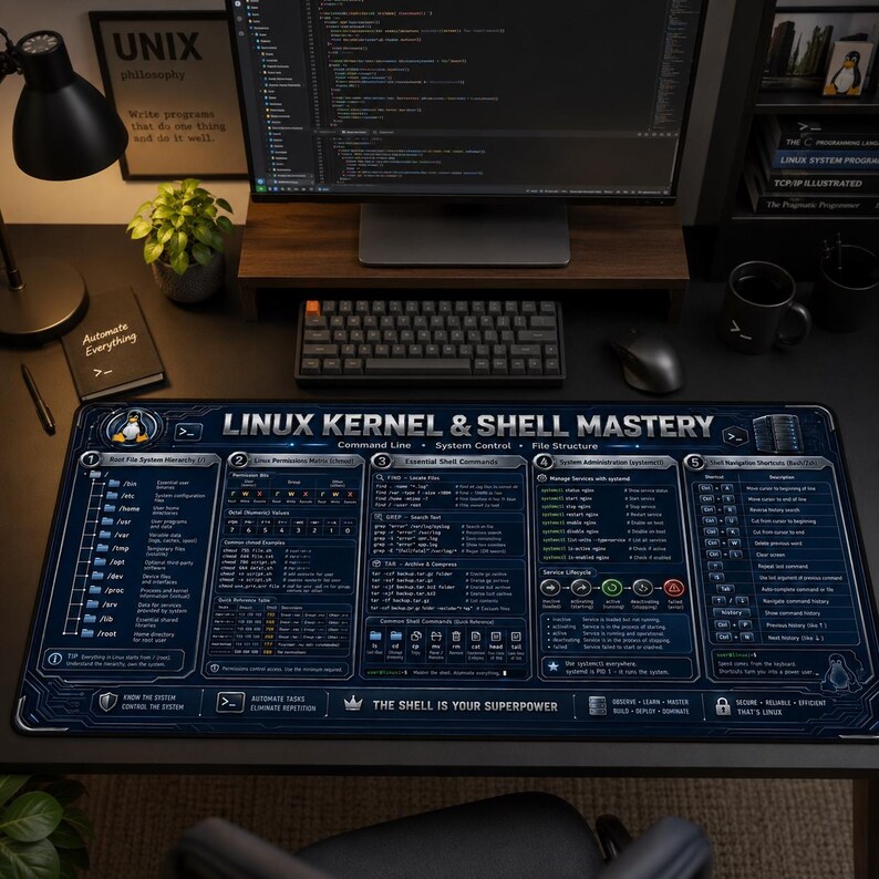 以下が含まれることがあります： Linux Kernel & Shell Masteryというタイトルのダークブルーの技術的なプリントが施された長方形のデスクマット。ファイルシステム階層、権限、シェルコマンド、システム管理、ナビゲーションショートカットを網羅した5つのセクションが表示されています。