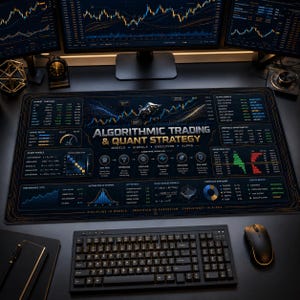 May include: A large rectangular desk mat featuring a dark blue and gold graphic design with the text ALGORITHMIC TRADING & QUANT STRATEGY. The mat displays financial market data, stock charts, a bull icon, and technical trading formulas.