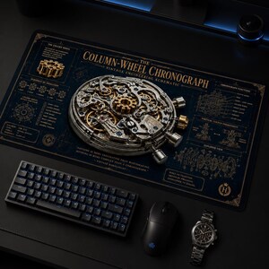 May include: A rectangular desk mat featuring a detailed technical schematic of a column-wheel chronograph movement in gold and white on a dark blue background, with text including "The Column-Wheel Chronograph" and "Vintage Engineering Schematic."