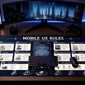 May include: A dark blue desk mat titled MOBILE UX RULES featuring nine numbered sections with design guidelines, icons, and text. A smartphone, a small mechanical keyboard, and a black computer mouse are placed on top of the mat.
