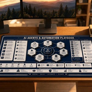 May include: A rectangular desk mat with a dark blue background and white text titled AI AGENTS & AUTOMATION PLAYBOOK. The mat features a central diagram of an AI Agent surrounded by hexagonal icons for tools, memory, planning, reasoning, and actions.