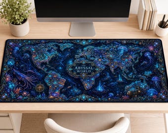 Alfombrilla de escritorio con mapa del mundo abisal / Bloc de mapa fantástico bioluminiscente de las profundidades oceánicas