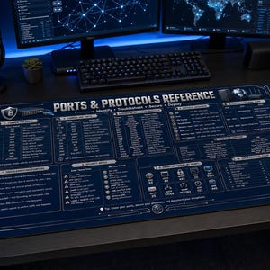 May include: A rectangular desk mat featuring a dark blue background with white text and diagrams titled PORTS & PROTOCOLS REFERENCE. The mat displays technical information including common TCP and UDP ports, security notes, and troubleshooting pointers.