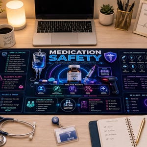 May include: A rectangular desk mat featuring a dark blue background with medical infographics, including a medication bottle, IV bag, and syringe. The text reads Medication Safety, The Five Rights, and various nursing protocols in white and neon blue.