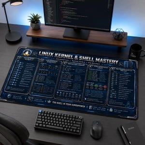 以下が含まれることがあります： Linux Kernel & Shell Masteryというタイトルのダークブルーの技術的なデザインが施された長方形のデスクマット。ファイルシステム階層、権限、シェルコマンド、システム管理、ショートカットを詳述する5つの番号付きセクションが表示されています。