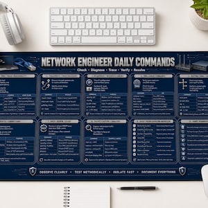 May include: A dark blue rectangular desk mat featuring a white technical reference guide titled Network Engineer Daily Commands. The mat includes ten sections detailing networking protocols, command-line tools, and troubleshooting workflows.