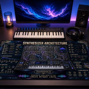May include: A large rectangular desk mat featuring a detailed Synthesizer Architecture diagram in blue and purple neon tones. The mat displays technical signal flow charts, patch logic, and the text Synthesizer Architecture and Create Without Limits.