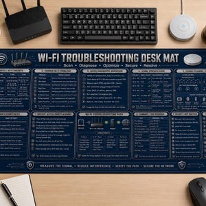 May include: A rectangular dark blue desk mat featuring a comprehensive Wi-Fi troubleshooting guide printed in white text. The mat includes ten sections covering Wi-Fi basics, common problems, diagnostic workflows, signal strength, and security practices.