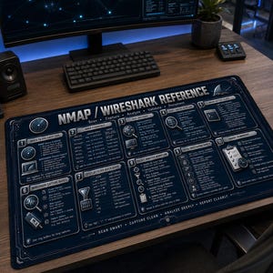 Può includere: Un tappetino da scrivania rettangolare con sfondo blu scuro, testo tecnico bianco e diagrammi intitolati NMAP / WIRESHARK REFERENCE. Il tappetino mostra dieci sezioni numerate che descrivono i flussi di lavoro di rete.