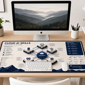 May include: A rectangular desk mat featuring a Cloud AI Skills roadmap with a central Cloud Architecture diagram, surrounding technical nodes, a learning path, and popular tools. The design uses a cream background with dark blue accents.