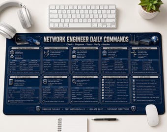 以下が含まれることがあります： Network Engineer Daily Commandsというタイトルの白い技術リファレンスガイドが印刷された、ダークブルーの長方形のデスクマット。マットには、ネットワークプロトコル、コマンドラインツール、トラブルシューティングのワークフローを詳述する10のセクションが含まれています。