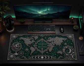 Alfombrilla de escritorio con mapa del mundo celestial / Bloc de notas de astronomía verde esmeralda con estrellas y luna