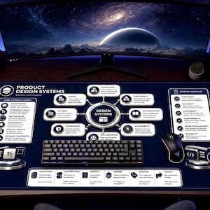 May include: A dark blue desk mat featuring a detailed Product Design Systems infographic. The mat displays a central diagram with interconnected nodes for tokens, patterns, governance, collaboration, accessibility, documentation, and components.