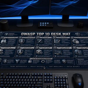 May include: A rectangular dark blue desk mat featuring the OWASP Top 10 security list. The mat displays ten numbered sections with icons and text detailing security vulnerabilities, along with a section for secure development priorities.