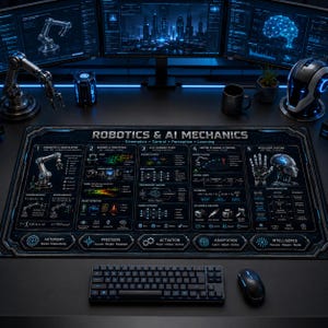 Peut inclure: Un grand tapis de bureau rectangulaire présentant un schéma technique détaillé intitulé ROBOTICS & AI MECHANICS. Le design bleu foncé et noir comprend cinq sections couvrant la cinématique, les capteurs, l'IA, la planification et les systèmes.