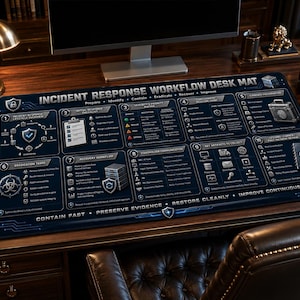 May include: A rectangular desk mat featuring a dark blue and black technical design with the text INCIDENT RESPONSE WORKFLOW DESK MAT. The surface displays ten numbered sections with icons, flowcharts, and checklists related to cybersecurity.