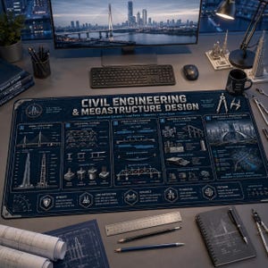 Civil Engineering .Megastructure Design Desk Mat | Blueprint Diagram, Bridge & Tower Schematics