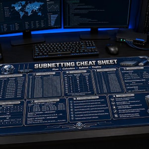 May include: A rectangular desk mat featuring a dark blue background with white technical text and diagrams titled Subnetting Cheat Sheet. The mat includes sections for CIDR notation, subnet mask tables, binary to decimal conversion, and network steps.
