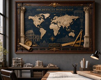 Mapa mundial de arquitectos en lienzo 3D / Arquitectura clásica, arte de planos, decoración de ingeniería