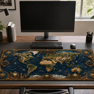 May include: A rectangular desk mat featuring a detailed world map with a deep blue ocean background and textured, earth-toned continents. The design includes ornate gold-coloured borders, decorative compass roses in the corners, and vintage-style illustrations of sailing ships across the map.