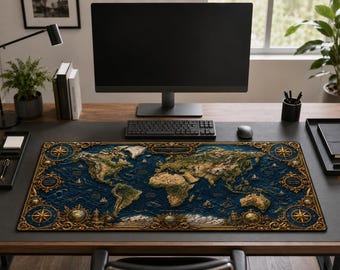 Alfombrilla de escritorio con mapa del mundo antiguo / Cartografía fantástica azul marino y dorado, 40,6 x 81,3 cm (16 x 32 pulgadas)