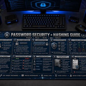 May include: A rectangular desk mat featuring a dark blue background with white text and icons titled Password Security + Hashing Guide. The mat displays ten numbered sections covering security basics, password formulas, hashing algorithms, and checklists.