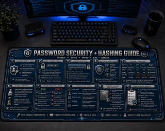 Alfombrilla de escritorio con guía de hash para seguridad de contraseñas / Referencia de ciberseguridad, Regalo para desarrolladores